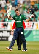 15 July 2022; Harry Tector of Ireland celebrates after bringing up his century during the Men's One Day International match between Ireland and New Zealand at Malahide Cricket Club in Dublin. Photo by Seb Daly/Sportsfile