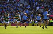 10 July 2022; Emily Broe, Lacken N.S., Lacken, Blessington, Wicklow, representing Dublin, and Megan O Reilly, Lissivigeen N.S., Lissivigeen, Killarney, Kerry, during the INTO Cumann na mBunscol GAA Respect Exhibition Go Games at the GAA Football All-Ireland Senior Championship Semi-Final match between Dublin and Kerry at Croke Park in Dublin. Photo by Ray McManus/Sportsfile