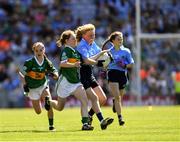 10 July 2022; Emily Broe, Lacken N.S., Lacken, Blessington, Wicklow, representing Dublin and Orla McGee, Labasheeda N.S., Labasheeda, Clare, representing Kerry, during the INTO Cumann na mBunscol GAA Respect Exhibition Go Games at the GAA Football All-Ireland Senior Championship Semi-Final match between Dublin and Kerry at Croke Park in Dublin. Photo by Ray McManus/Sportsfile