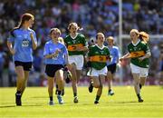 10 July 2022; Grace Moran, Glenville NS, Glenville, Cork, and Heidi Murray, St.Manchans N.S., Tubber, Moate, Offaly, representing Dublin, with Megan O Reilly, Lissivigeen N.S., Lissivigeen, Killarney, Kerry, Kara O'Shea, Gaelscoil Uí Choimín, Cill Rois, Clare,and Daragh Ó Sé, SN Cillín Liath Mastergeehy, Cahirciveen, Kerry, representing Kerry during the INTO Cumann na mBunscol GAA Respect Exhibition Go Games at the GAA Football All-Ireland Senior Championship Semi-Final match between Dublin and Kerry at Croke Park in Dublin. Photo by Ray McManus/Sportsfile