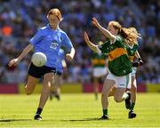 10 July 2022; Grace Moran, Glenville NS, Glenville, Cork, representing Dublin and Orla McGee, Labasheeda N.S., Labasheeda, Clare, representing Kerry during the INTO Cumann na mBunscol GAA Respect Exhibition Go Games at the GAA Football All-Ireland Senior Championship Semi-Final match between Dublin and Kerry at Croke Park in Dublin. Photo by Ray McManus/Sportsfile