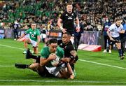 16 July 2022; Hugo Keenan of Ireland scores his side's second try during the Steinlager Series match between the New Zealand and Ireland at Sky Stadium in Wellington, New Zealand. Photo by Brendan Moran/Sportsfile