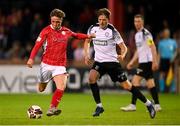 14 July 2022; Kailin Barlow of Sligo Rovers in action against Luke Wall of Bala Town during the UEFA Europa Conference League 2022/23 First Qualifying Round Second Leg match between Sligo Rovers and Bala Town at The Showgrounds in Sligo. Photo by Stephen McCarthy/Sportsfile