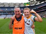 16 July 2022; Meath manager Eamonn Murray celebrates with Aoibheann Leahy of Meath after their side's vctory in the TG4 All-Ireland Ladies Football Senior Championship Semi-Final match between Donegal and Meath at Croke Park in Dublin. Photo by Piaras Ó Mídheach/Sportsfile