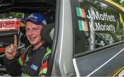 17 July 2022; Josh Moffett in a Hyundai i20 R5 celebrates after winning the national Rally championship in Tipperary during the Triton Showers National Rally Championship at Clonmel in Tipperary. Photo by Philip Fitzpatrick/Sportsfile