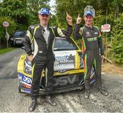 17 July 2022; Josh Moffett and Keith Moriarty in their Hyundai i20 R5 celebrate after winning the national Rally championship in Tipperaryduring the Triton Showers National Rally Championship at Clonmel in Tipperary. Photo by Philip Fitzpatrick/Sportsfile Photo by Philip Fitzpatrick/Sportsfile