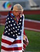 17 July 2022; Katie Nageotte of USA, reacts after winning gold in the women's pole vault final during day three of the World Athletics Championships at Hayward Field in Eugene, Oregon, USA. Photo by Sam Barnes/Sportsfile