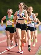 17 July 2022; Avril Millerick of Youghal AC, Cork, leading the field while competing in the 3000m during Irish Life Health National Junior and U23s T&F Championships in Tullamore, Offaly. Photo by George Tewkesbury/Sportsfile