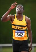 17 July 2022; James Ezeonu of Leevale AC, Cork, celebrates after winning the 100m during Irish Life Health National Junior and U23s T&F Championships in Tullamore, Offaly. Photo by George Tewkesbury/Sportsfile