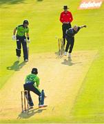 18 July 2022; Daryl Mitchell of New Zealand bowls to Curtis Campher of Ireland during the Men's T20 International match between Ireland and New Zealand at Stormont in Belfast. Photo by Ramsey Cardy/Sportsfile