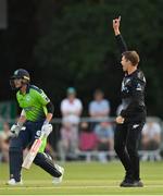 18 July 2022; Lockie Ferguson of New Zealand celebrates a wicket during the Men's T20 International match between Ireland and New Zealand at Stormont in Belfast. Photo by Ramsey Cardy/Sportsfile