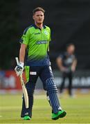 18 July 2022; Mark Adair of Ireland after losing his wicket during the Men's T20 International match between Ireland and New Zealand at Stormont in Belfast. Photo by Ramsey Cardy/Sportsfile