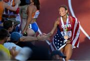 18 July 2022; Anna Hall of USA celebrates with supporters after winning bronze in the women's heptathlon during day four of the World Athletics Championships at Hayward Field in Eugene, Oregon, USA. Photo by Sam Barnes/Sportsfile
