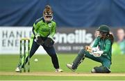 19 July 2022; Muneeba Ali of Pakistan and Ireland wicketkeeper Mary Waldron during the Women's T20 International match between Ireland and Pakistan at Bready Cricket Club in Bready, Tyrone. Photo by Ramsey Cardy/Sportsfile