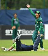 19 July 2022; Anam Amin of Pakistan celebrates running out Laura Delany of Ireland during the Women's T20 International match between Ireland and Pakistan at Bready Cricket Club in Bready, Tyrone. Photo by Ramsey Cardy/Sportsfile