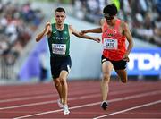 20 July 2022; Christopher O'Donnell of Ireland, left, and Fuga Sato of Japan compete in the Men's 400m Semi-final during day six of the World Athletics Championships at Hayward Field in Eugene, Oregon, USA. Photo by Sam Barnes/Sportsfile