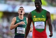 20 July 2022; Christopher O'Donnell of Ireland reacts after finishing seventh in the Men's 400m Semi-final during day six of the World Athletics Championships at Hayward Field in Eugene, Oregon, USA. Photo by Sam Barnes/Sportsfile