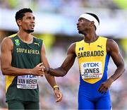 20 July 2022; Wayde van Niekerk of South Africa, left, and Jonathan Jones of Barbados after their Men's 400m Semi-final during day six of the World Athletics Championships at Hayward Field in Eugene, Oregon, USA. Photo by Sam Barnes/Sportsfile