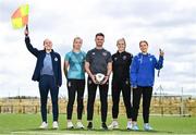21 July 2022; FAI Refree Programme Co-Ordinator Rob Hennessy with football players, from left, Leah Doyle of Shelbourne, Emily Corbett of Athlone Town, Maeve Williams of Wexford Youths and Kate Mooney of DLR Waves during the #NoRefNoGame training programme at the FAI headquarters in Abbotstown, Dublin. Photo by David Fitzgerald/Sportsfile