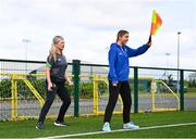 21 July 2022; Paula Brady, National Referees Committee, with DLR Waves footballer Kate Mooney during the #NoRefNoGame training programme at the FAI headquarters in Abbotstown, Dublin. Photo by David Fitzgerald/Sportsfile