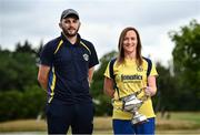 21 July 2022; Douglas Hall captain Amy McCarthy and manager Adam Cambridge during the 2022 FAI Women's Intermediate Cup Final Media Day at FAI HQ in Dublin. Photo by David Fitzgerald/Sportsfile