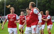 21 July 2022; Chris Forrester, 8, celebrates with St Patrick's Athletic team-mates after scoring their side's first goal during the UEFA Europa Conference League 2022/23 Second Qualifying Round First Leg match between St Patrick's Athletic and NS Mura at Richmond Park in Dublin. Photo by Stephen McCarthy/Sportsfile