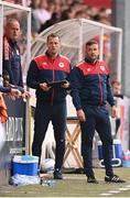 21 July 2022; St Patrick's Athletic manager Tim Clancy, right, with assistant manager Jon Daly, centre, and technical director Alan Matthews, left, during the UEFA Europa Conference League 2022/23 Second Qualifying Round First Leg match between St Patrick's Athletic and NS Mura at Richmond Park in Dublin. Photo by Stephen McCarthy/Sportsfile