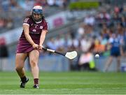 23 July 2022; Galway goalkeeper Sarah Healy takes a first half penalty that was saved by Kilkenny goalkeeper Aoife Norris, not pictured, during the Glen Dimplex Senior Camogie All-Ireland Championship Semi-Final match between Galway and Kilkenny at Croke Park in Dublin. Photo by Piaras Ó Mídheach/Sportsfile