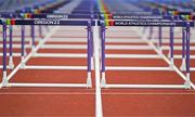 23 July 2022; A general view of hurdles before the women's 100m hurdles heats during day nine of the World Athletics Championships at Hayward Field in Eugene, Oregon, USA. Photo by Sam Barnes/Sportsfile