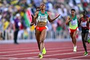 23 July 2022; Gudaf Tsegay of Ethiopia, centre, celebrates winning gold in the women's 5000m final during day nine of the World Athletics Championships at Hayward Field in Eugene, Oregon, USA. Photo by Sam Barnes/Sportsfile