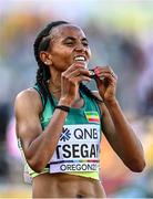 23 July 2022; Gudaf Tsegay of Ethiopia celebrates after winning gold in the women's 5000m final during day nine of the World Athletics Championships at Hayward Field in Eugene, Oregon, USA. Photo by Sam Barnes/Sportsfile