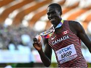 23 July 2022; Marco Arop of Canada celebrates after winning bronze in the men's 800m final during day nine of the World Athletics Championships at Hayward Field in Eugene, Oregon, USA. Photo by Sam Barnes/Sportsfile