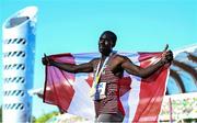 23 July 2022; Maro Arop of Canada celebrates winning bronze in the men's 800m final during day nine of the World Athletics Championships at Hayward Field in Eugene, Oregon, USA. Photo by Sam Barnes/Sportsfile