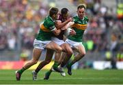 24 July 2022; Cillian McDaid of Galway is tackled by Gavin White, left, and Jack Barry of Kerry during the GAA Football All-Ireland Senior Championship Final match between Kerry and Galway at Croke Park in Dublin. Photo by Harry Murphy/Sportsfile