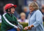 25 July 2022; Jockey Shane Foley and trainer Jessica Harrington after sending out their third winner of the day, Irish Lullaby, in the Eventus Handicap during day one of the Galway Races Summer Festival at Ballybrit Racecourse in Galway. Photo by Harry Murphy/Sportsfile