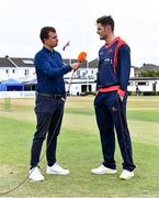 27 July 2022; Mark Adair of Northern Knights is interviewed by commentator Andrew Blair White of HBV Studios Ireland before the Inter-Provincial Trophy match between Northern Knights and North West Warriors at Pembroke Cricket Club in Dublin. Photo by Piaras Ó Mídheach/Sportsfile