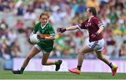 24 July 2022; Niamh O'Connor, Cloghroe NS, Cloghroe, Cork, representing Kerry in action against Grace Gunn, Abbeycartron N.S., Elphin, Roscommon, representing Galway during the INTO Cumann na mBunscol GAA Respect Exhibition Go Games at GAA All-Ireland Senior Football Championship Final match between Kerry and Galway at Croke Park in Dublin. Photo by Brendan Moran/Sportsfile