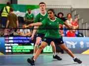 28 July 2022; Dylan Noble and Michelle Shochan of Team Ireland competing in their mixed doubles match against Lusine Smbatyan and Manvel Harutyunyan of Armenia during day four of the 2022 European Youth Summer Olympic Festival at Banská Bystrica, Slovakia. Photo by Eóin Noonan/Sportsfile