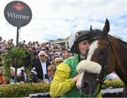 28 July 2022; Jockey Liam McKenna and Tudor City after winning the Guinness Galway Hurdle Handicap during day four of the Galway Races Summer Festival at Ballybrit Racecourse in Galway. Photo by Seb Daly/Sportsfile