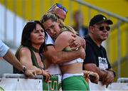 28 July 2022; Hollie Kilroe of Team Ireland with her parents Fintan and Siobhan after competing in the girls 400m final during day four of the 2022 European Youth Summer Olympic Festival at Banská Bystrica, Slovakia. Photo by Eóin Noonan/Sportsfile