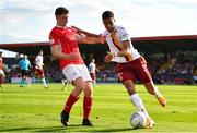 28 July 2022; Jake Carroll of Motherwell in action against Karl O' Sullivan of Sligo during the UEFA Europa Conference League 2022/23 Second Qualifying Round First Leg match between Sligo Rovers and Motherwell at The Showgrounds in Sligo. Photo by David Fitzgerald/Sportsfile