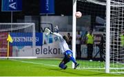 28 July 2022; St Patrick's Athletic goalkeeper Joseph Anang fails to stop a penalty during the penalty shootout during the UEFA Europa Conference League 2022/23 Second Qualifying Round Second Leg match between Mura and St Patrick's Athletic at Mestni Stadion Fazanerija in Murska Sobota, Slovenia. Photo by Vid Ponikvar/Sportsfile