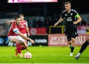28 July 2022; Luka Bobicanec of NS Mura in action against Ronan Coughlan of St Patrick's Athletic during the UEFA Europa Conference League 2022/23 Second Qualifying Round Second Leg match between Mura and St Patrick's Athletic at Mestni Stadion Fazanerija in Murska Sobota, Slovenia. Photo by Vid Ponikvar/Sportsfile