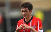 30 July 2022; Declan Glass of Derry City celebrates after scoring his side's third goal during the Extra.ie FAI Cup First Round match between Derry City and Oliver Bond Celtic at Ryan McBride Brandywell Stadium in Derry. Photo by Ramsey Cardy/Sportsfile