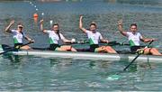 13 August 2022; The Ireland Women's Four team, from left, Natalie Long, Aifric Keogh, Tara Hanlon and Eimear Lambe celebrate after finishing second and winning a silver medal in the Women's Four Final during day 3 of the European Championships 2022 at the Olympic Regatta Centre in Munich, Germany. Photo by David Fitzgerald/Sportsfile