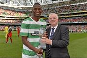 10 August 2013; Amido Balde, Celtic, is presented with the Man of the Match by Tony Fitzgerald, Vice President of the FAI. Dublin Decider, Liverpool XI v Glasgow Celtic XI, Aviva Stadium, Lansdowne Road, Dublin. Picture credit: Brendan Moran / SPORTSFILE