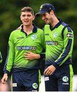15 August 2022; Gareth Delany of Ireland is congratulated by George Dockrell, right, after bowling Hazratuillah Zazai of Afghanistan during the Men's T20 International match between Ireland and Afghanistan at Stormont in Belfast. Photo by Ramsey Cardy/Sportsfile