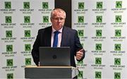 17 August 2022; Horse Sport Ireland chief executive officer Dennis Duggan speaking during the launch of ‘The Business of Breeding’ Report at the Clayton Hotel on Burlington Road in Dublin. Photo by Sam Barnes/Sportsfile