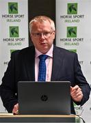 17 August 2022; Horse Sport Ireland chief executive officer Dennis Duggan speaking during the launch of ‘The Business of Breeding’ Report at the Clayton Hotel on Burlington Road in Dublin. Photo by Sam Barnes/Sportsfile