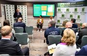 17 August 2022; Horse Sport Ireland chief executive officer Dennis Duggan, left, speaking during the launch of ‘The Business of Breeding’ Report at the Clayton Hotel on Burlington Road in Dublin. Photo by Sam Barnes/Sportsfile